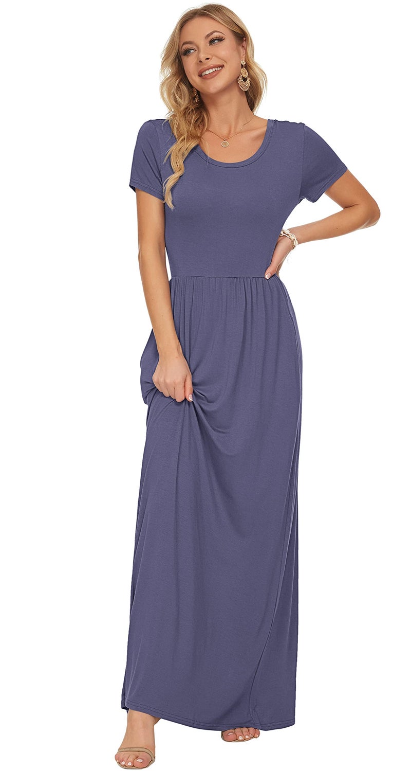 AUSELILY Women's Short Sleeve Loose Plain Casual Long Maxi Dresses for Women 2026 Purple Gray XL - Image 3